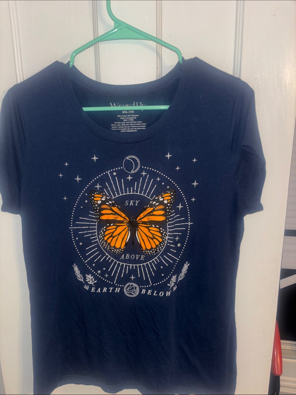 Wound Up Navy Short Sleeve Tee with Orange Butterfly Graphic